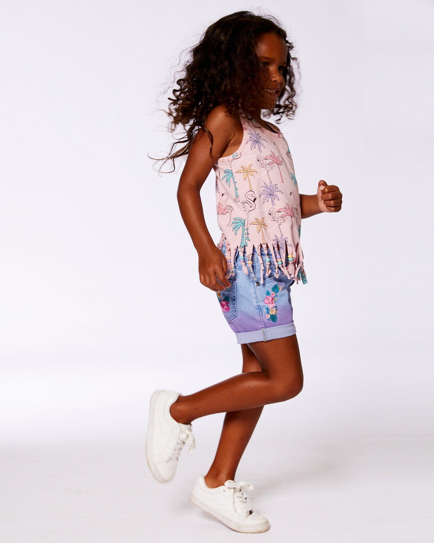 Cuffed Denim Shorts With Embroidery Floral Jeans Blue-3