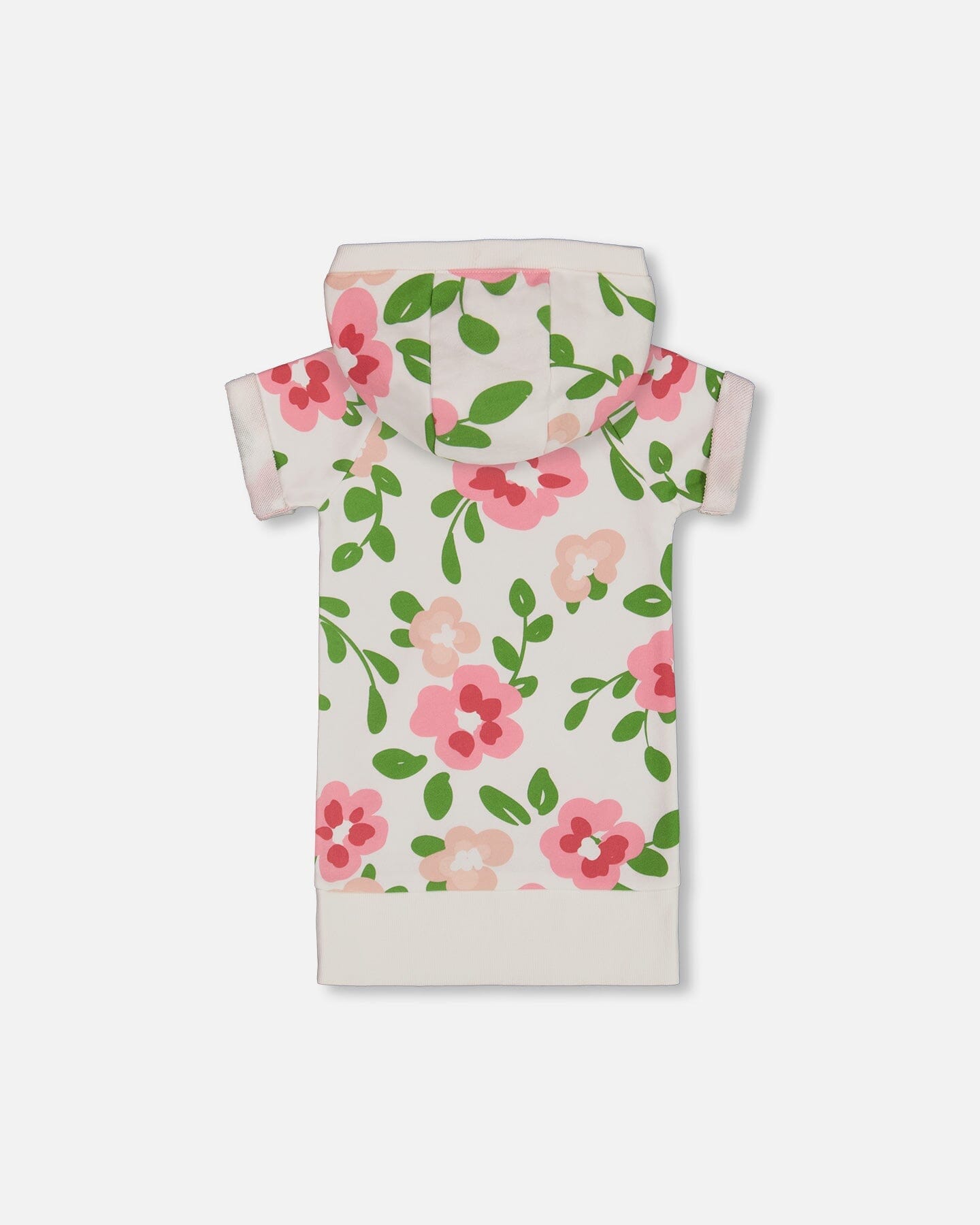 Printed French Terry Hooded Dress Pink Flowers On White Background-2