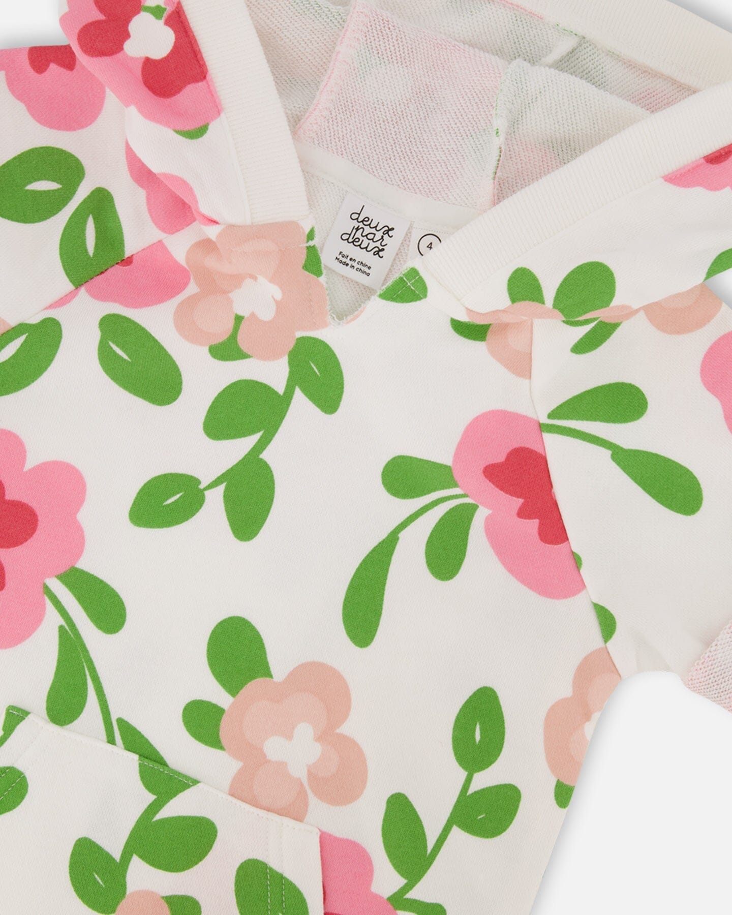 Printed French Terry Hooded Dress Pink Flowers On White Background-3