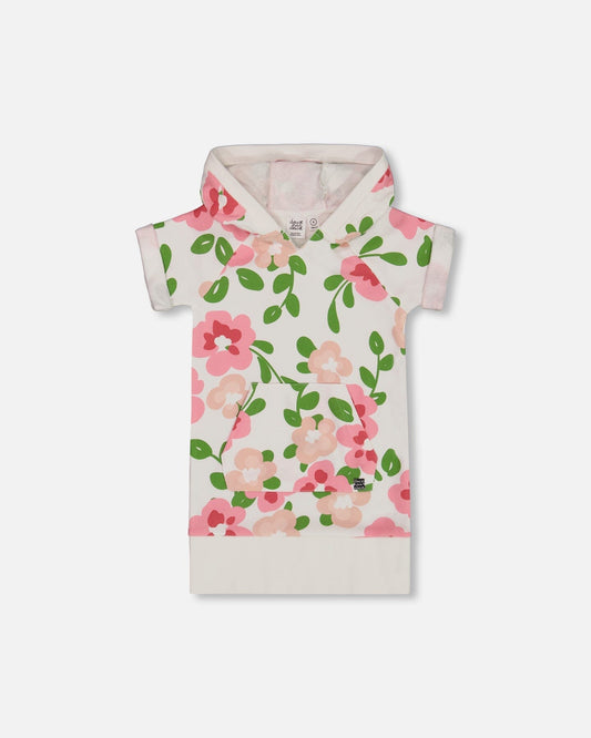 Printed French Terry Hooded Dress Pink Flowers On White Background-0