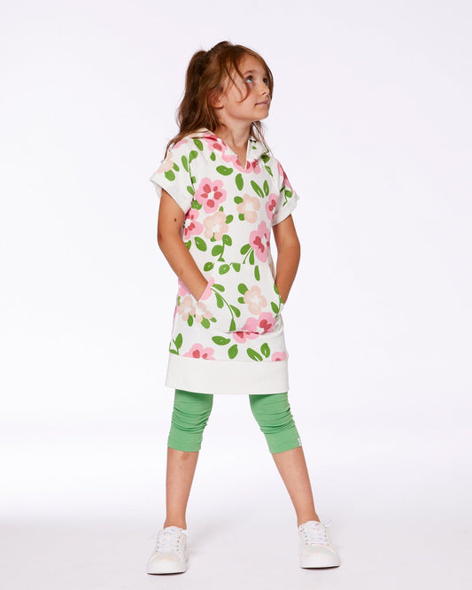 Printed French Terry Hooded Dress Pink Flowers On White Background-1